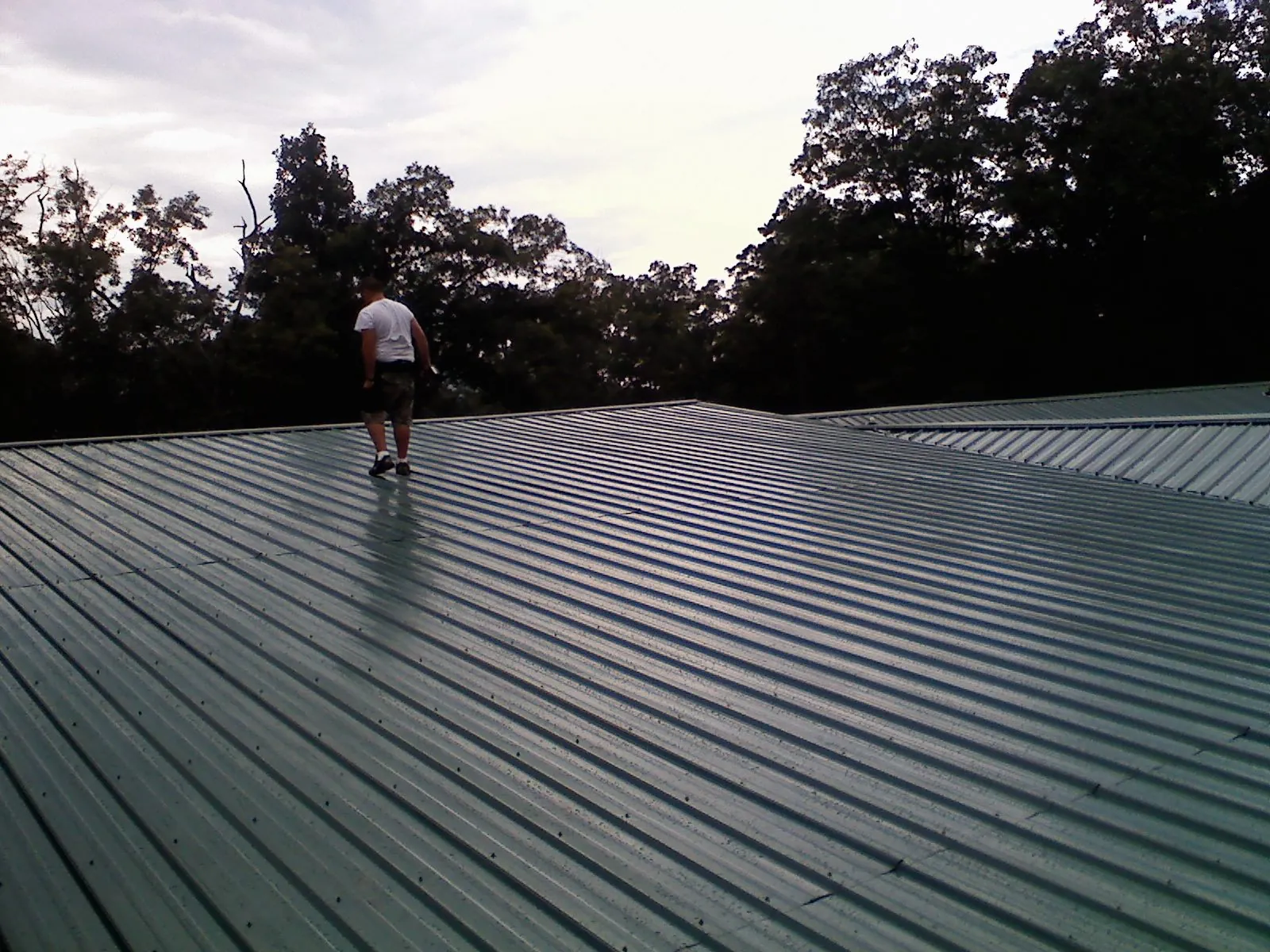 Roofer walking a wide expanse of new green metal roofing in Humeston