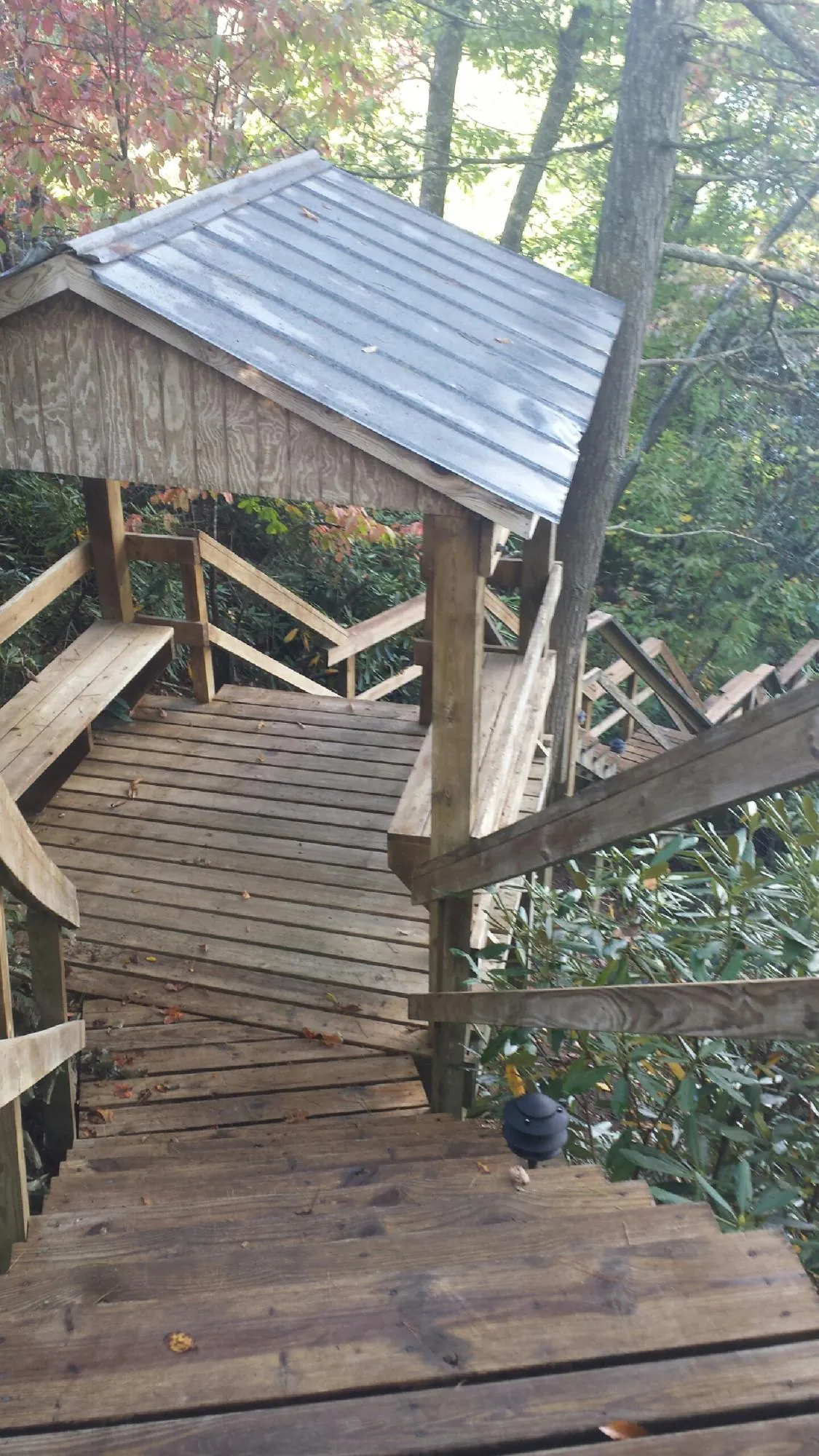 Metal roofed shelter over wooden steps on a wooded walkway — Skylight Repair & Installation work by our crew in Humeston